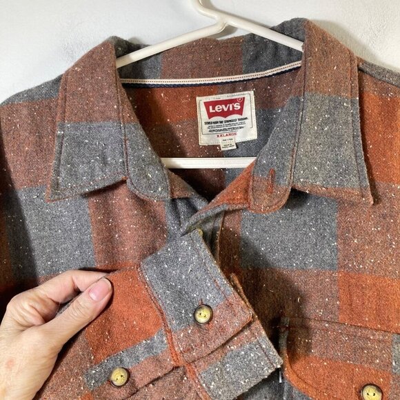 Mens Levis Wool Blend Plaid Buffalo Check‎ Heavy Shirt Shacket Orange Gray 2XL - Picture 3 of 9